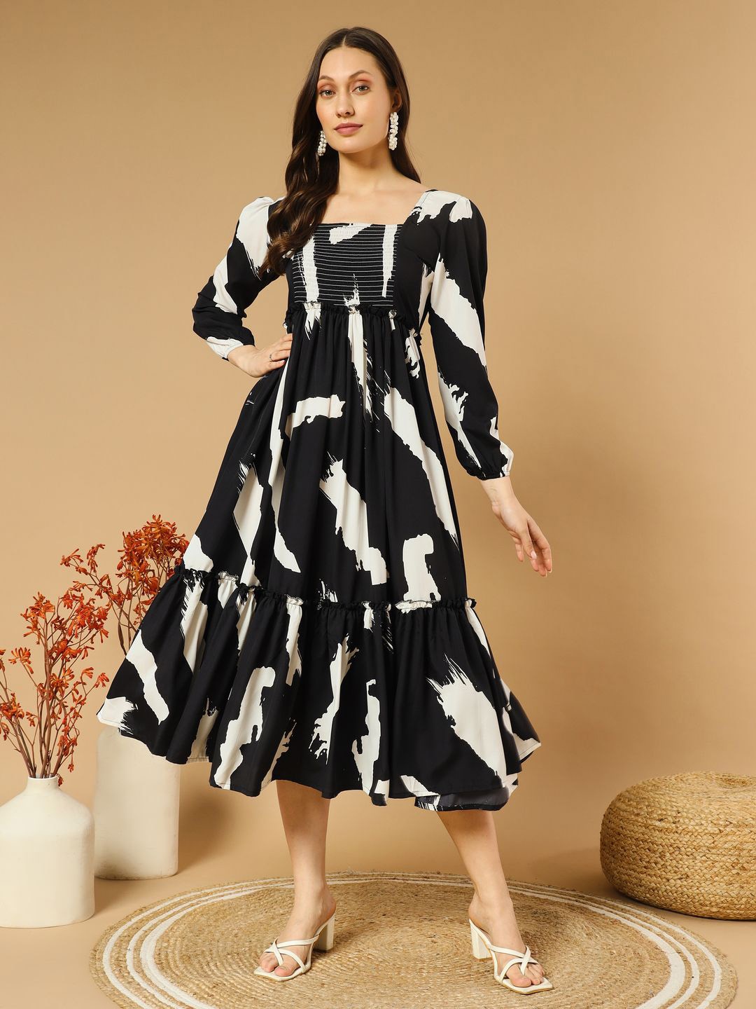 

ZWERLON Women Abstract Printed Fit and Flare Dress, Black