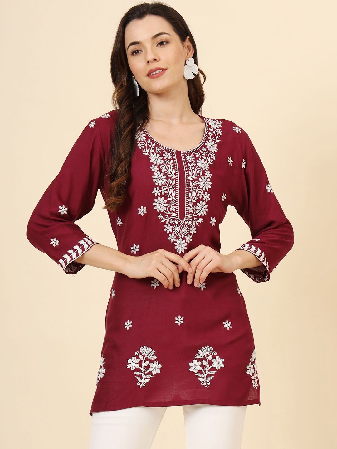 

Civamee Ethnic Motifs Embroidered Yoke Design Thread Work Kurti, Maroon
