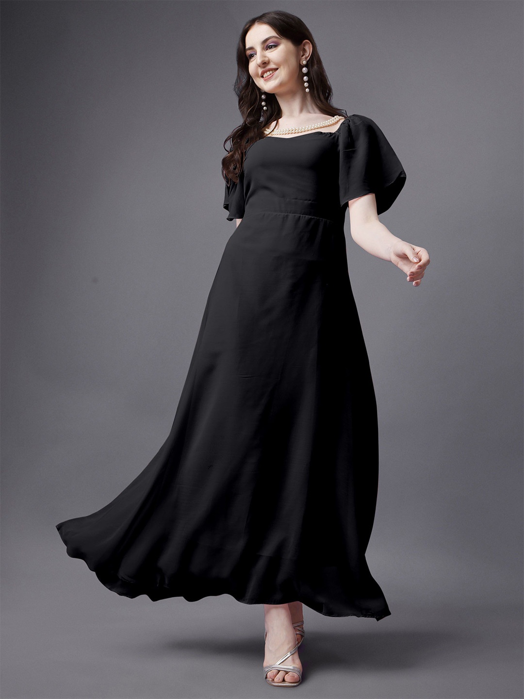 

Vastani Enterprise Solid Off-Shoulder Bell Sleeve Applique Georgette Maxi Dress, Black