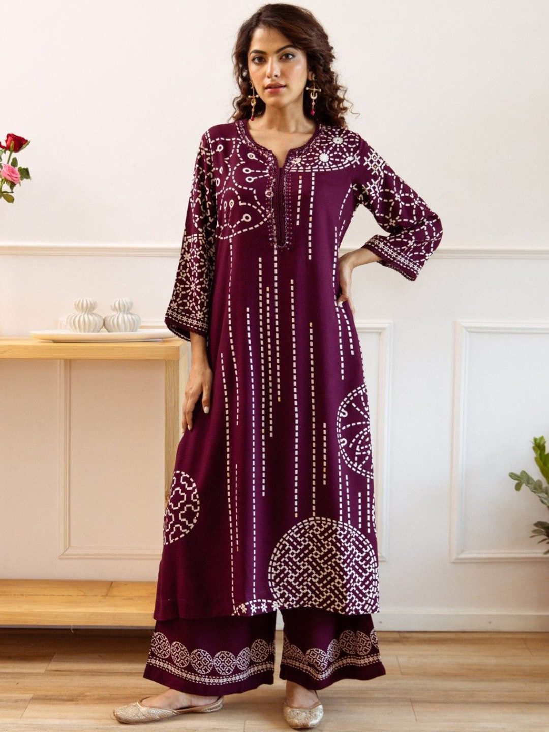 

AUTUMN LANE Geometric Printed Pure Cotton A-Line Kurta With Palazzos, Purple