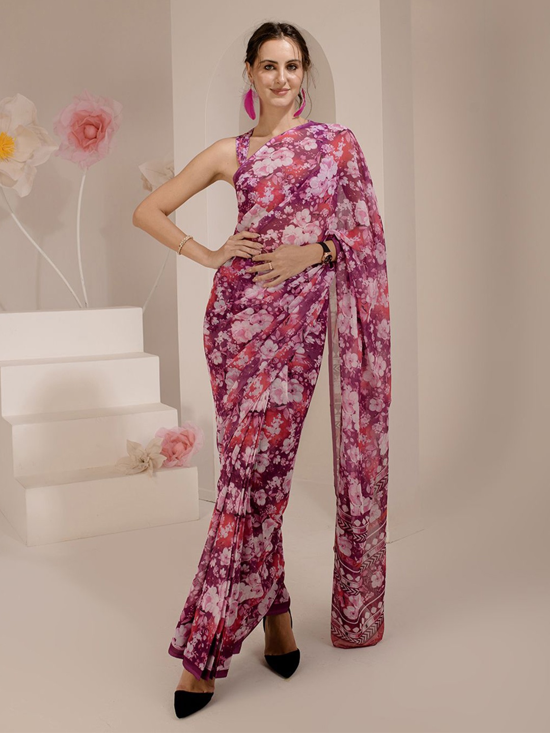 

BAESD Floral Printed Pure Silk Saree, Pink