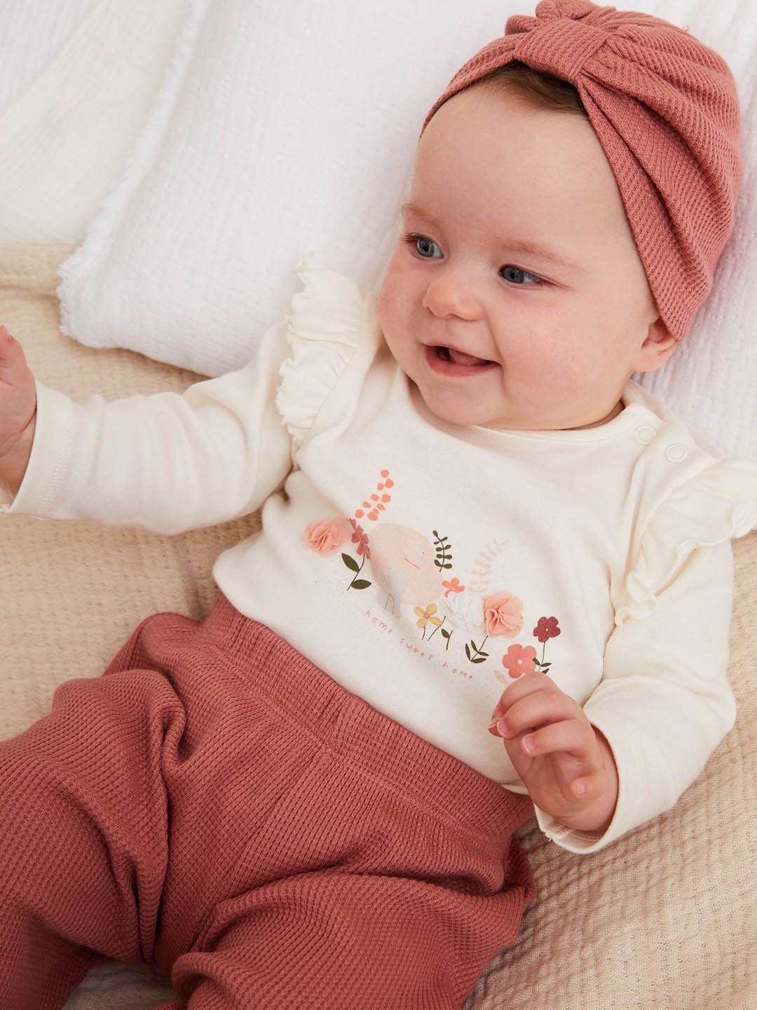 

mothercare Girls Floral Printed Pure Cotton Top with Trousers, Cream