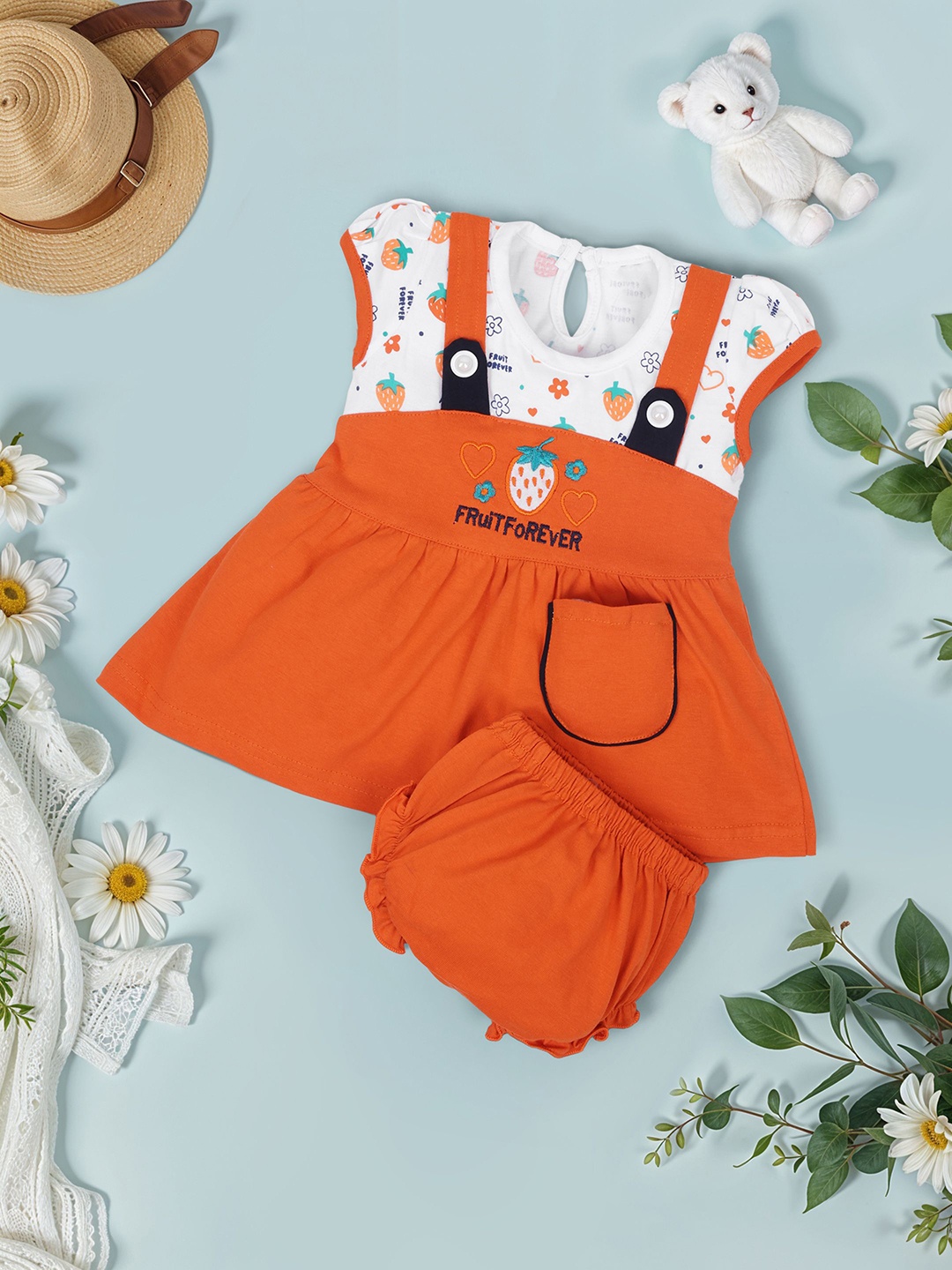 

FEBVIBE Girls Printed Fit & Flare Dress With Brief, Orange