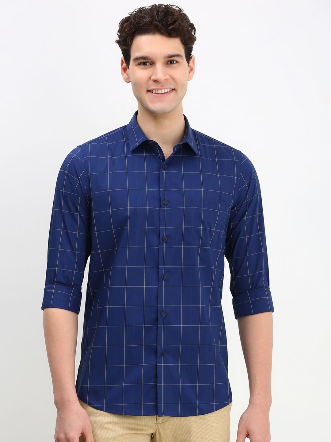 

Allen Solly Men Checked Cotton Slim Fit Casual Shirt, Navy blue