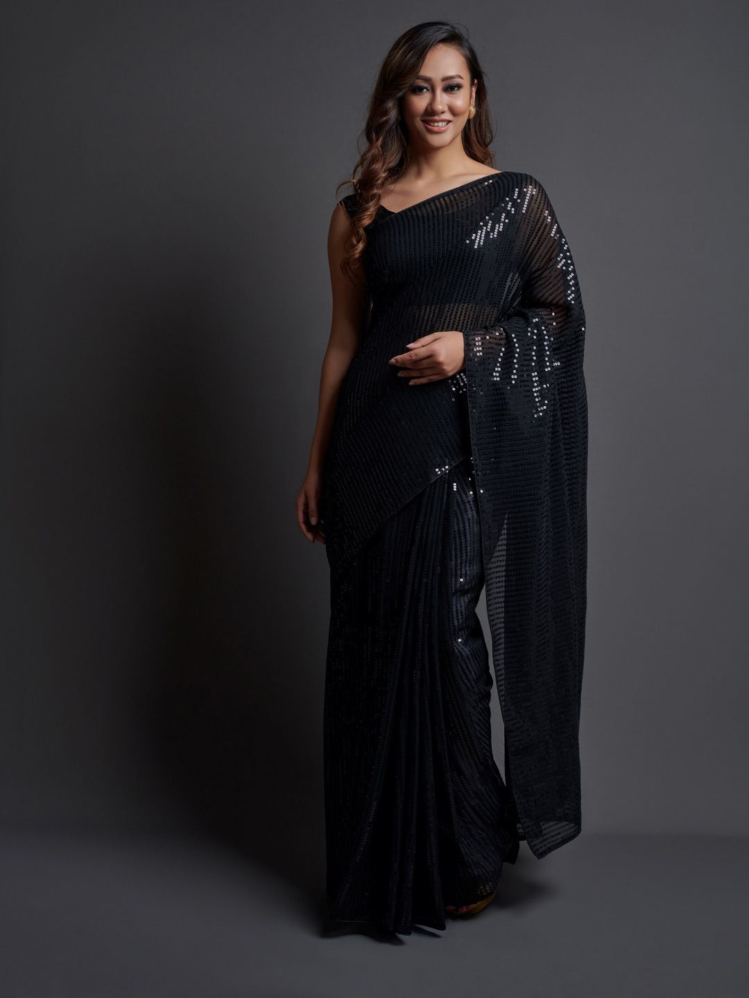 

Krimmple Striped Sequinned Pure Georgette Saree, Black