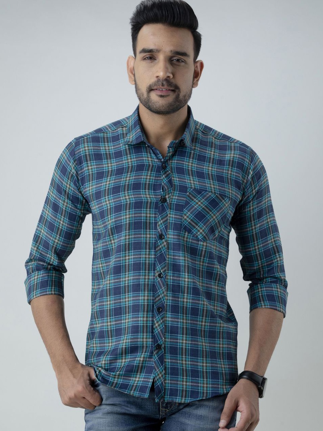 

Vcom Men Classic Checked Cotton Slim Fit Casual Shirt, Blue