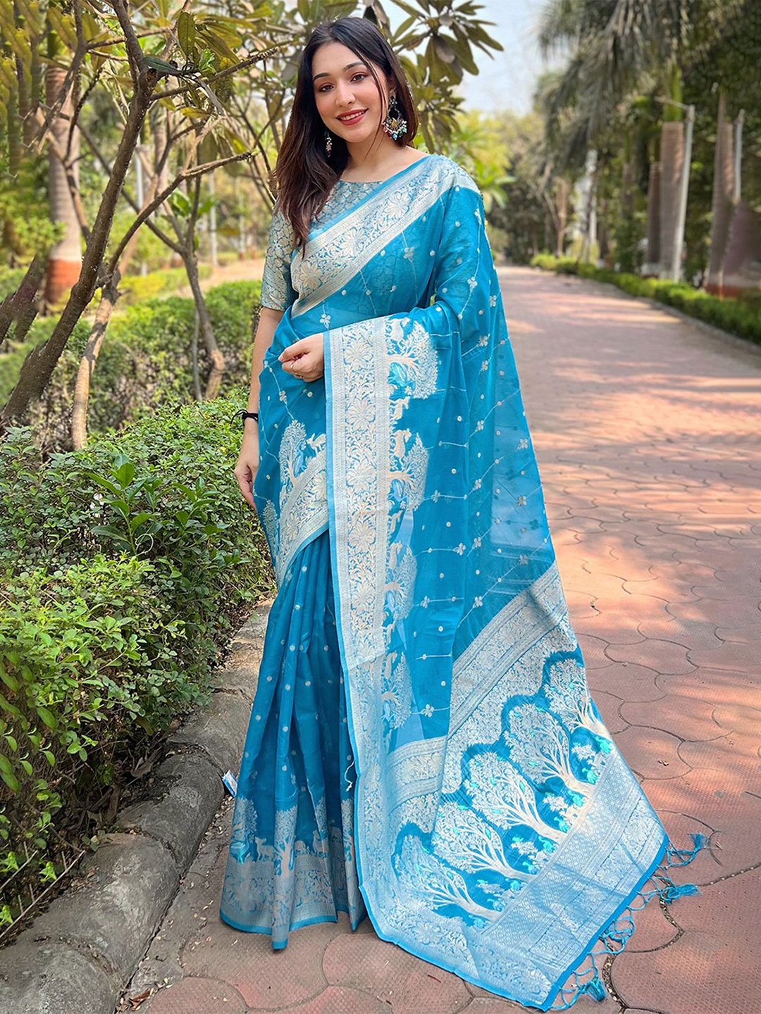 

Panzora Woven Design Zari Organza Saree, Blue