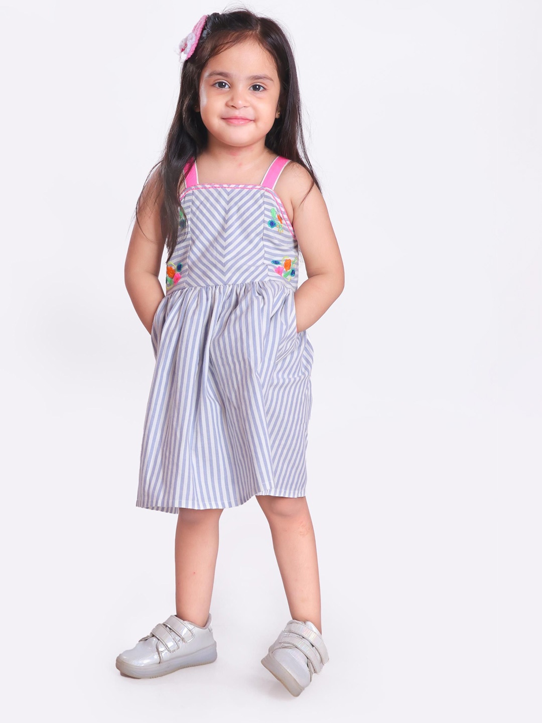 

Miyo Girls Striped Sleeveless Fit & Flare Cotton Dress, Grey