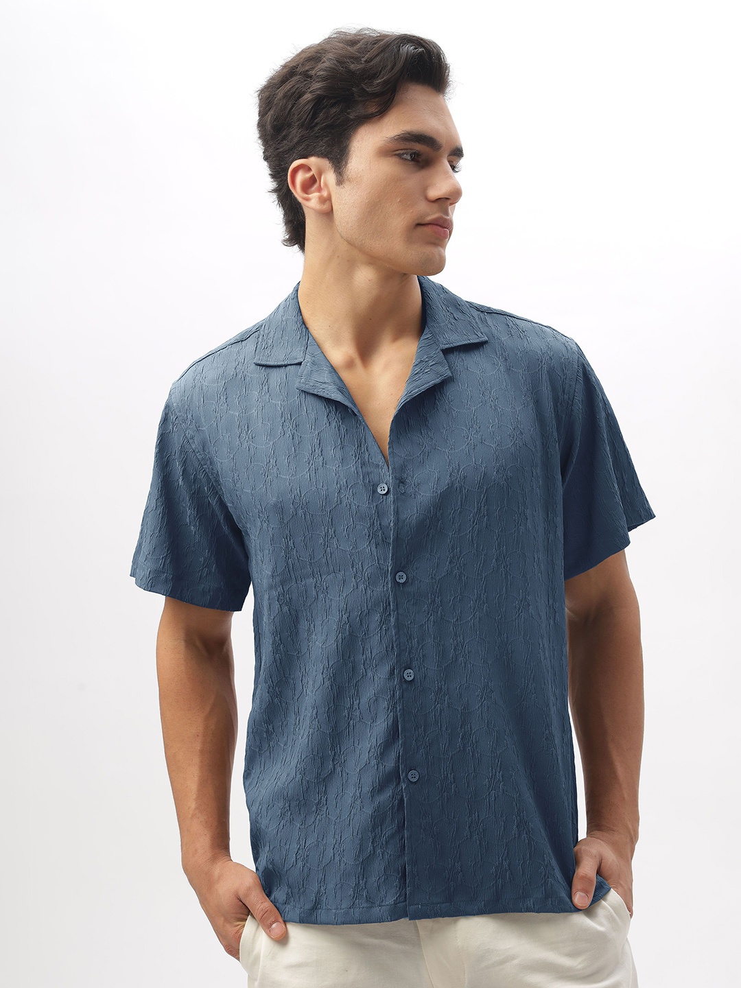 

HAMPTONS Crochet Self Design Fabric Vacation Shirt, Blue