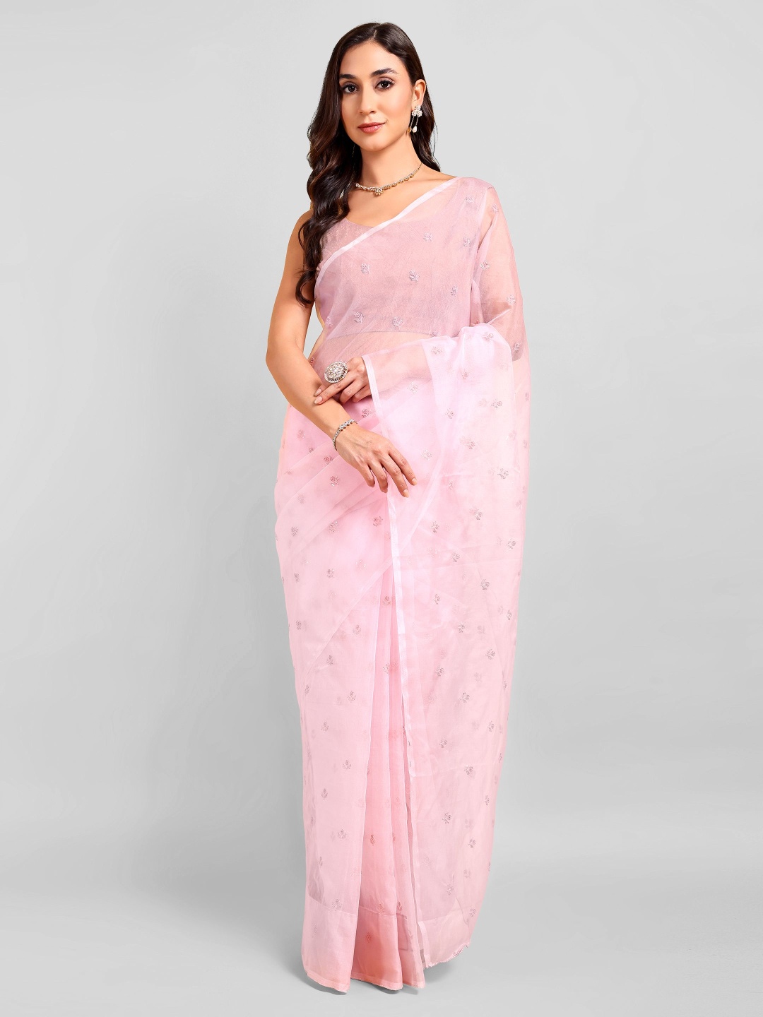 

DOERAA Ethnic Motifs Embroidered Net Saree, Pink