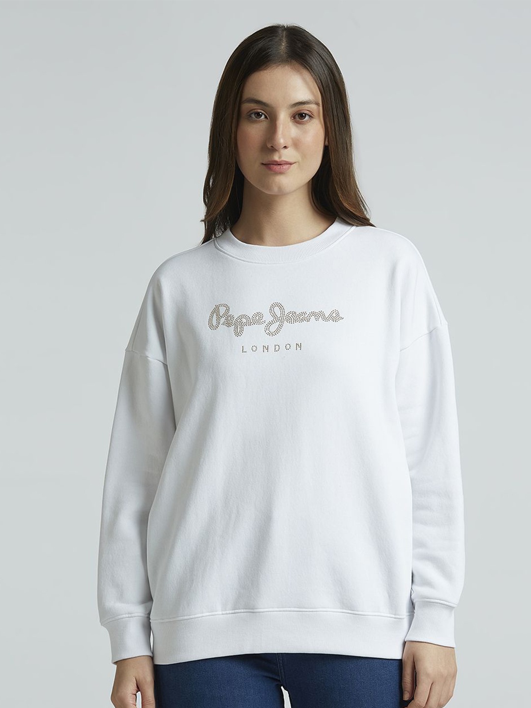 

Pepe Jeans Women Typography Printed Round Neck Cotton Pullover Sweatshirt, White