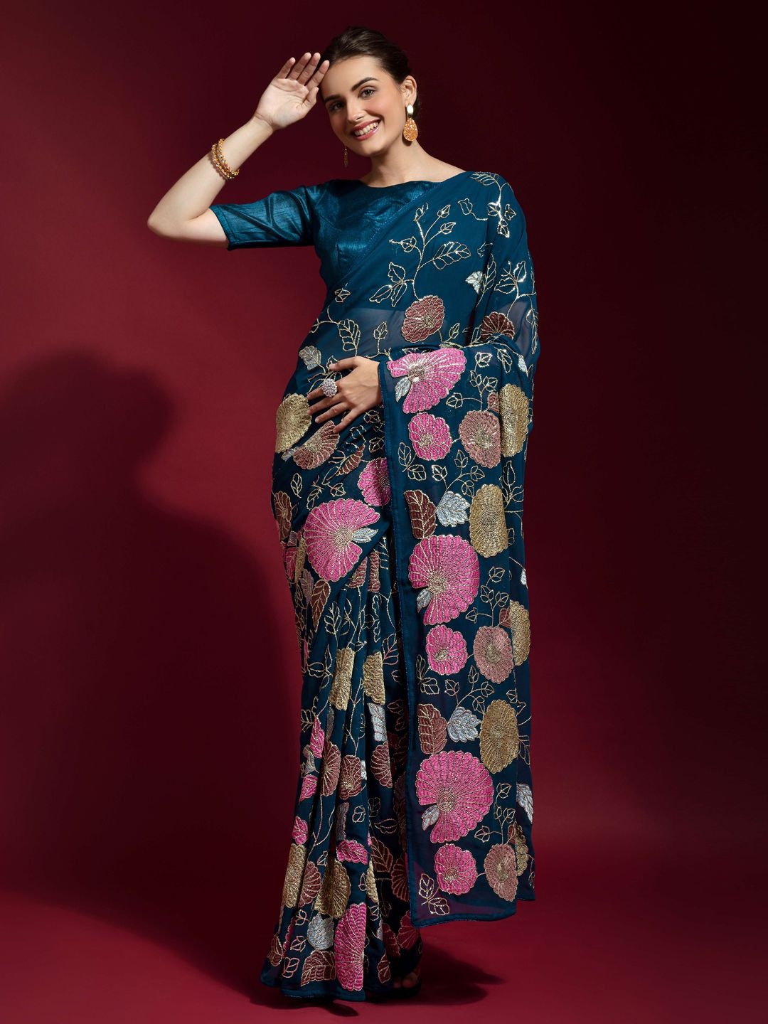 

Krimmple Floral Sequinned Pure Georgette Fusion Saree, Blue