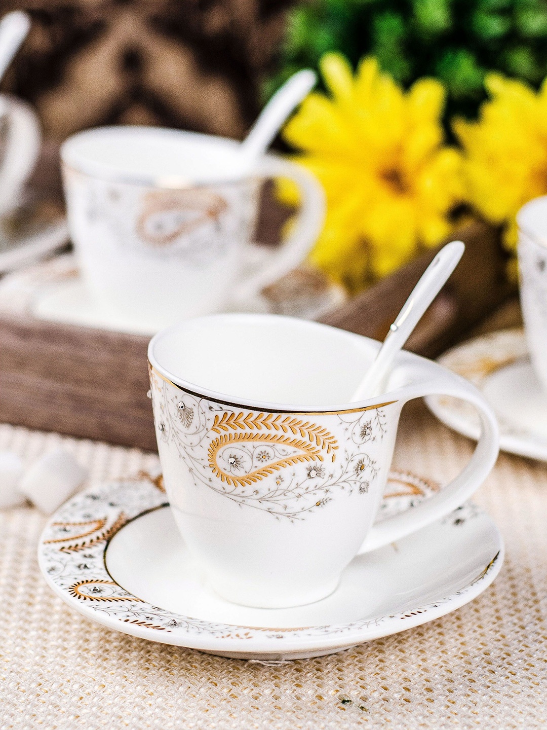 

GOODHOMES White 18 Pieces Printed Bone China Cup & Saucer Set With Spoon
