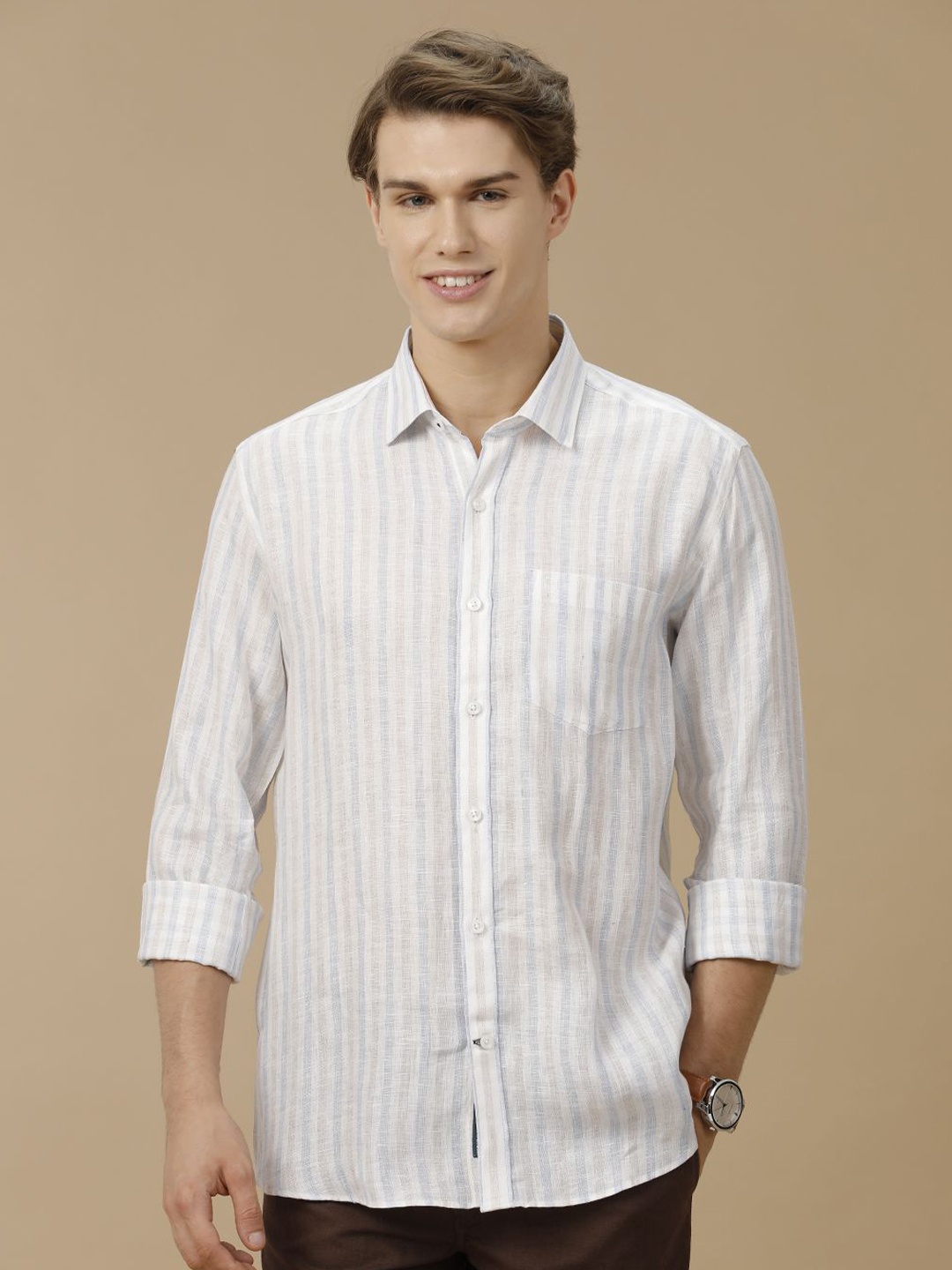 

Linen Club Men Contemporary Slim Fit Spread Collar Striped Casual Shirt, Blue