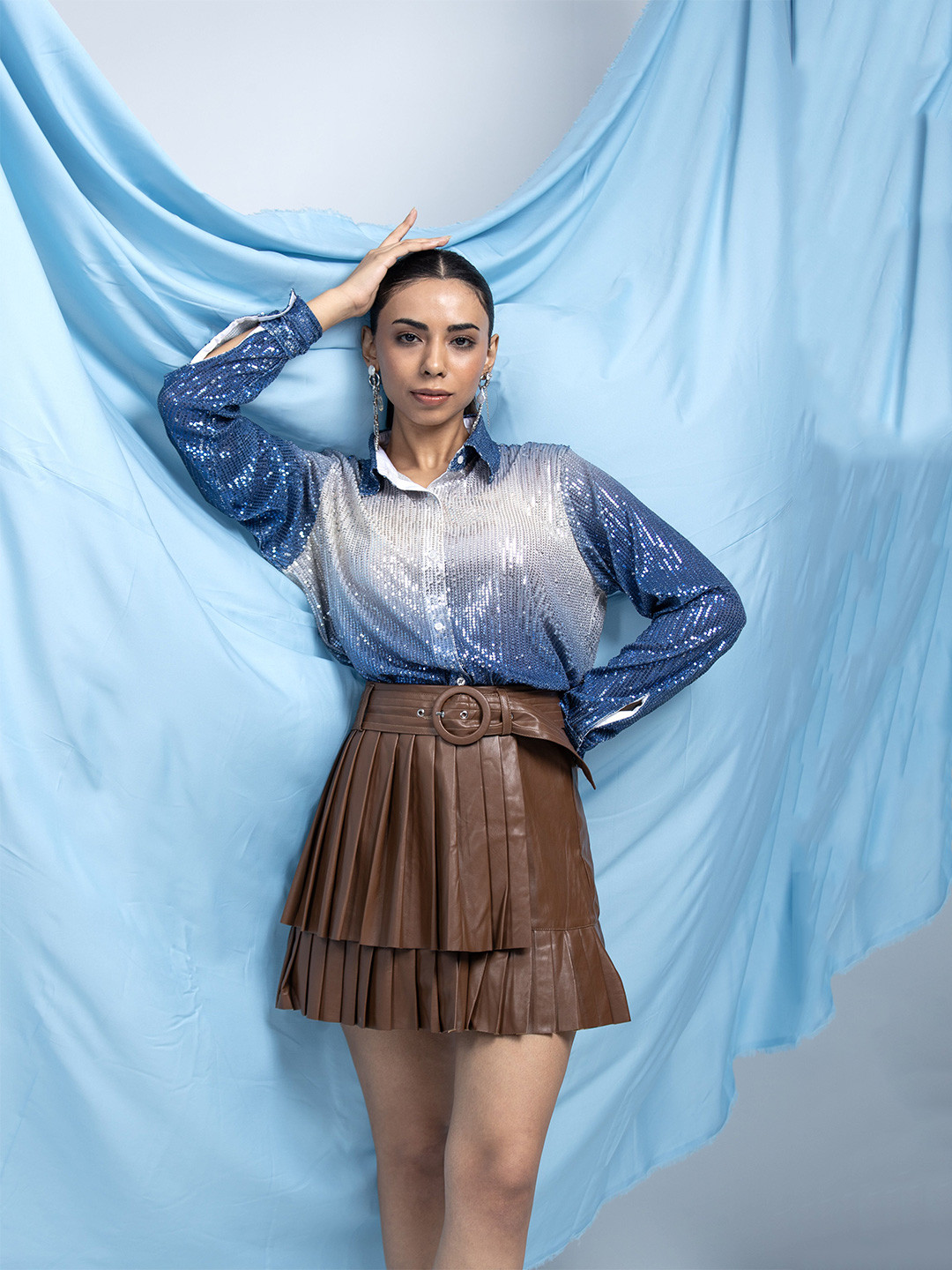 

PANKH Women Sequined Ombre Dual Shade Party Shirt Style Top, Blue