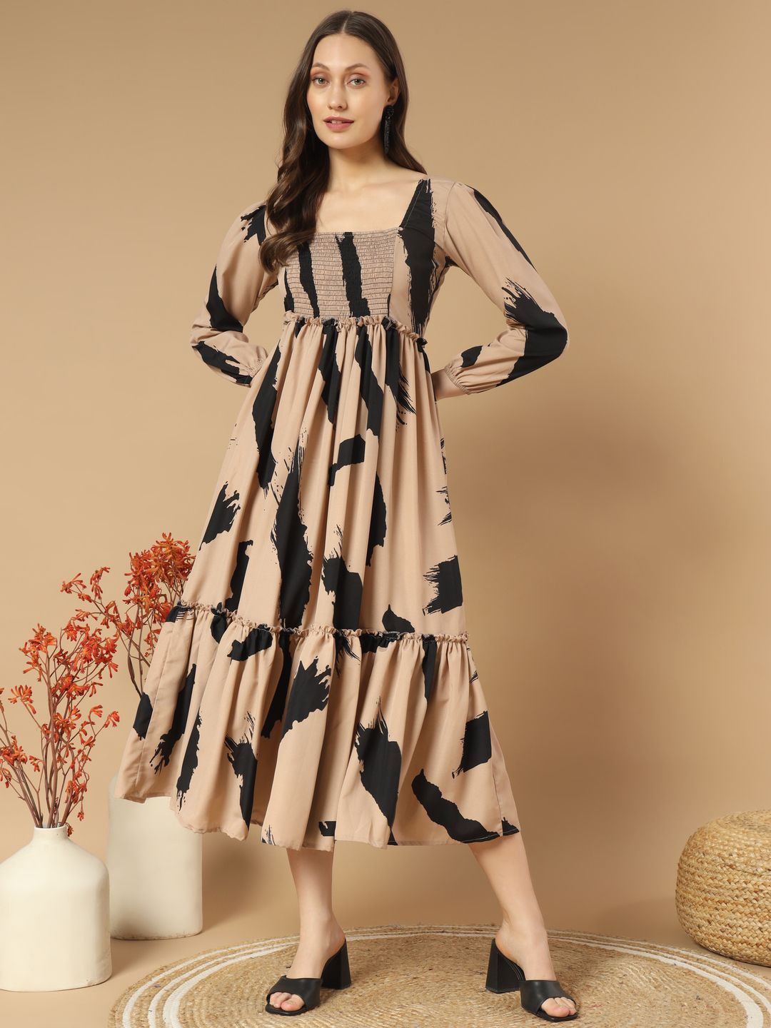 

ZWERLON Women Abstract Printed Fit and Flare Midi Dress, Beige