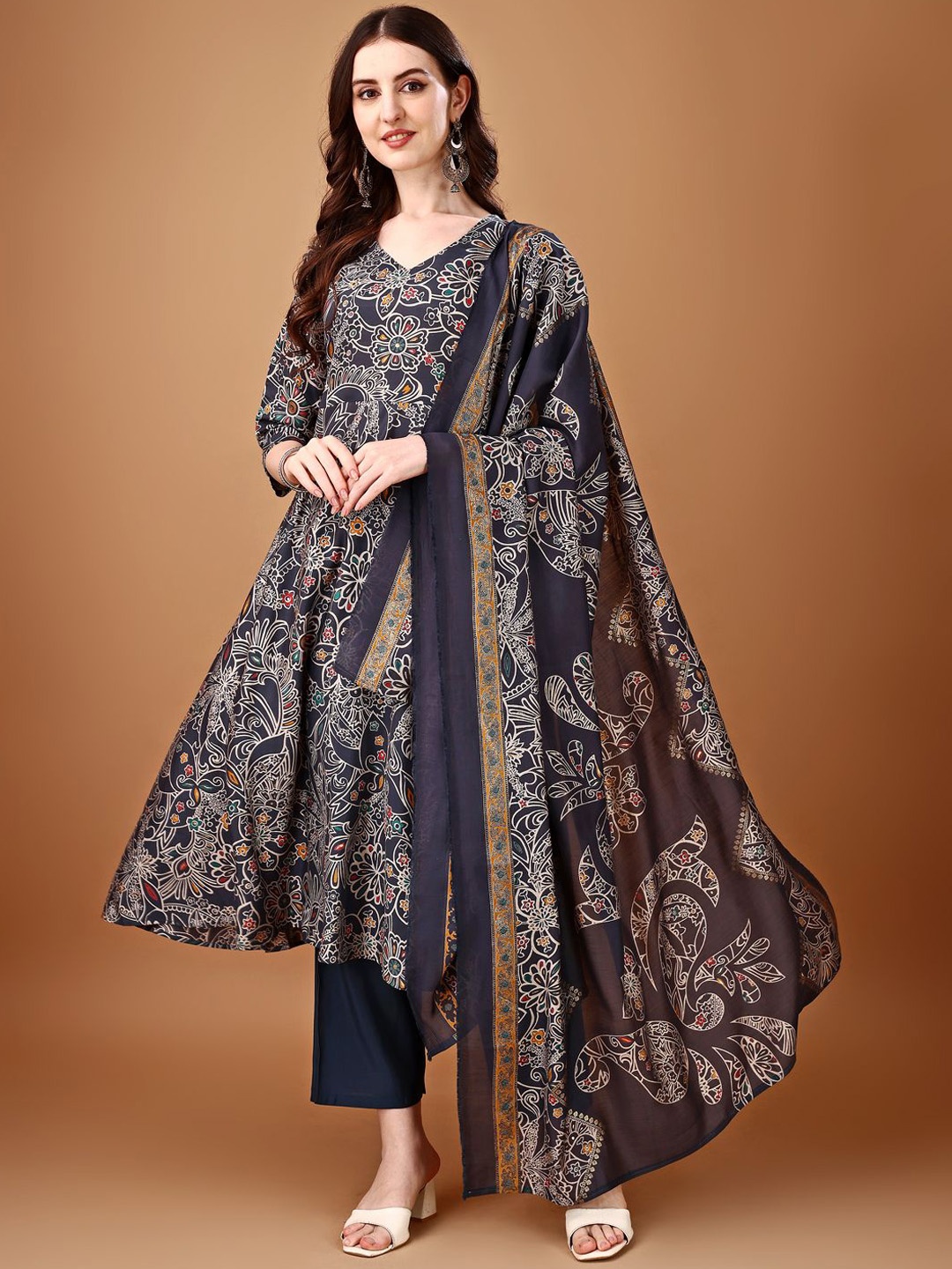 

KALINI Floral Printed V-Neck A-Line Kurta with Palazzo & With Dupatta, Grey