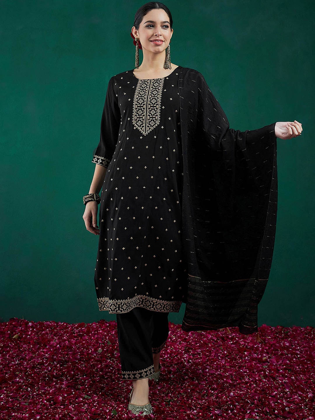 

Indo Era Ethnic Motifs Embroidered Chanderi Silk Straight Kurta With Trousers & Dupatta, Black