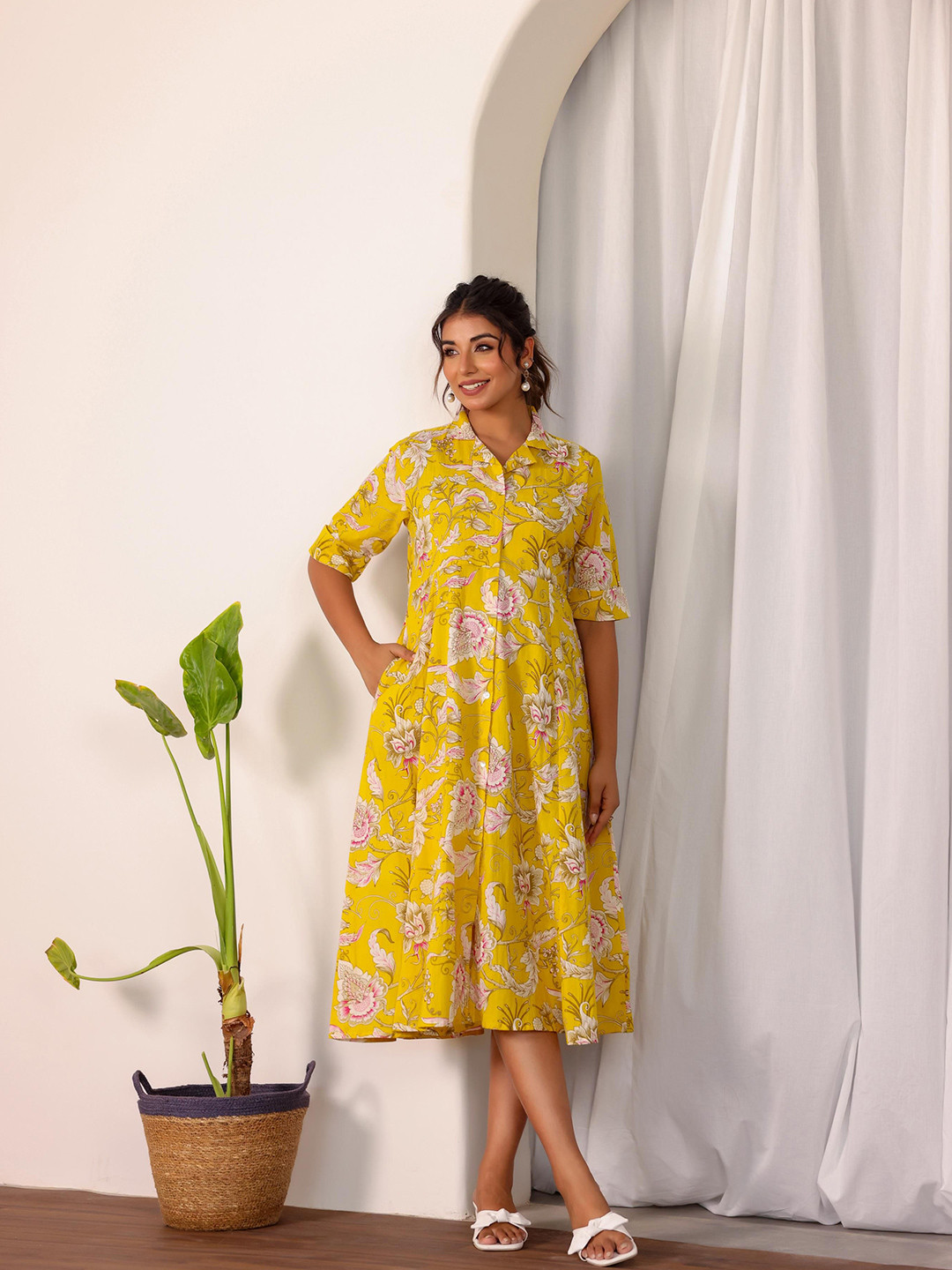

FLAVIA CREATION Women Floral Printed A-Line Midi Ethnic Dresses, Yellow