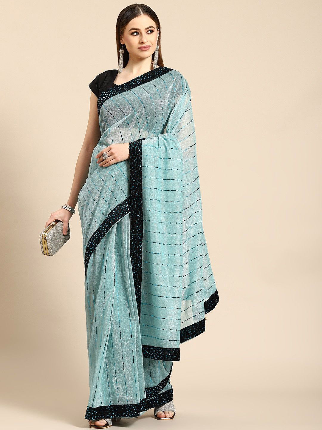

Anouk Striped Sequinned Saree, Blue
