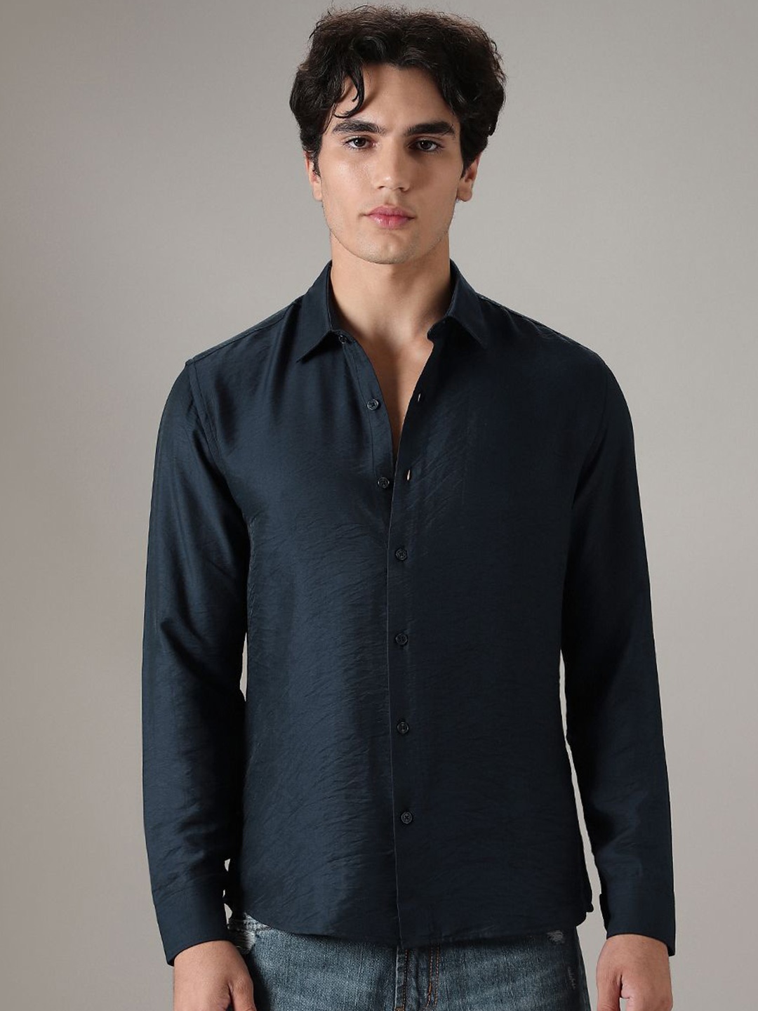 

Banana Club Men Classic Slim Fit Casual Satin Shirt, Navy blue