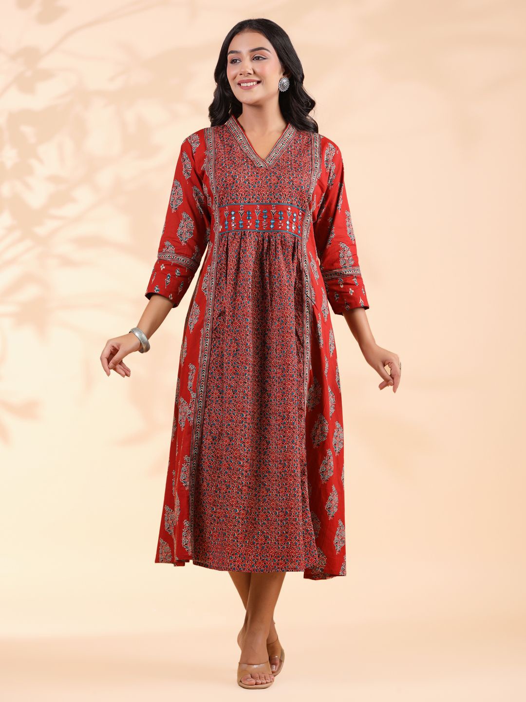 

Vbuyz Ethnic Motifs Printed Cotton A-Line Midi Dress, Red