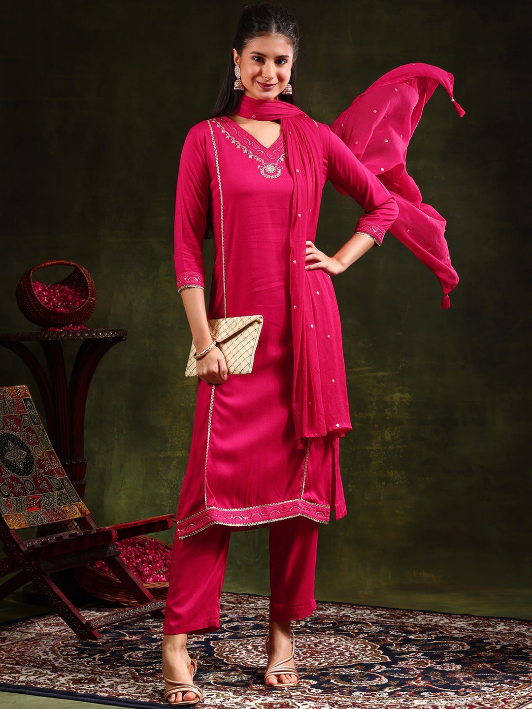 

Berrylicious Floral Embroidered Sequinned Straight Kurta With Trouser & Dupatta, Pink