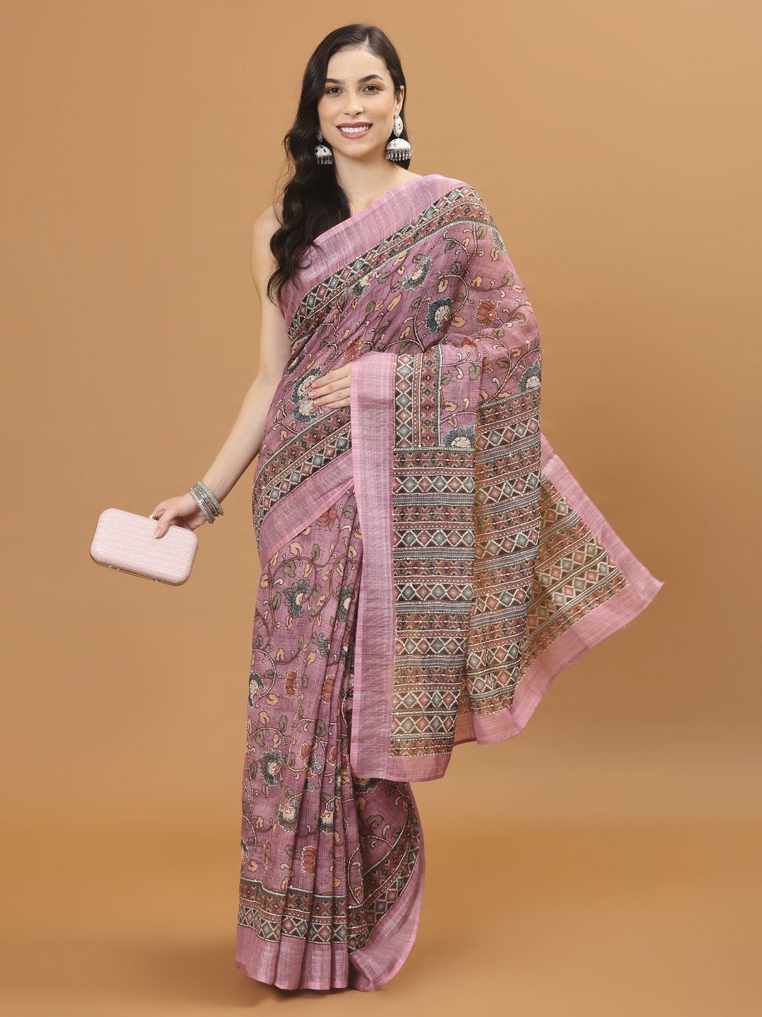 

Meena Bazaar Floral Zari Cotton Saree, Pink