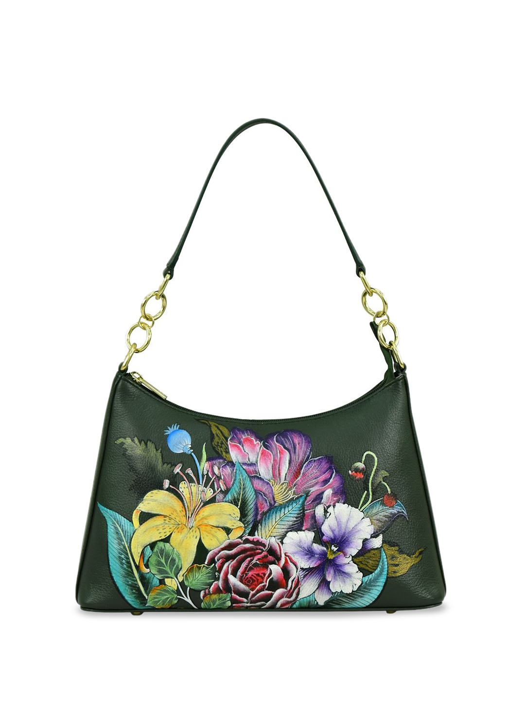 

Anuschka Women Green Floral Leather Structured Hobo Detachable Sling Strap Bag