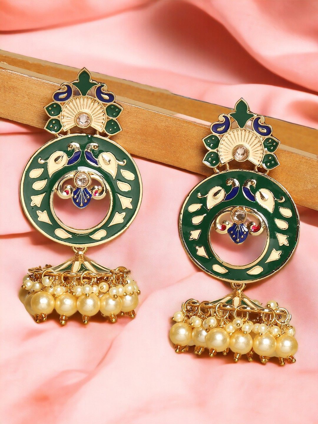 

OOMPH Meenakari Floral Jhumkas, Green