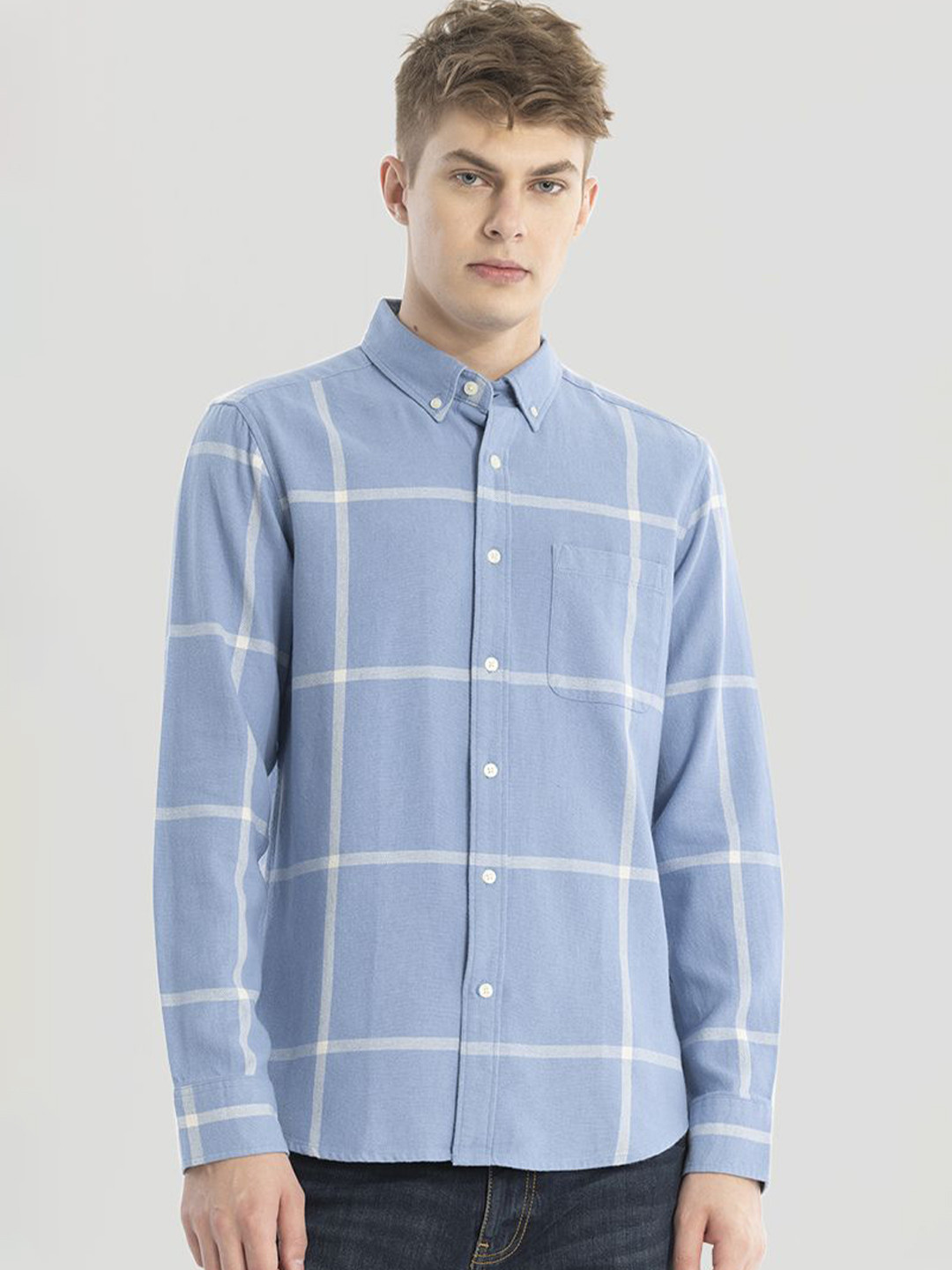 

Snitch Men Smart Button-Down Collar Checked Cotton Slim Fit Casual Shirt, Blue