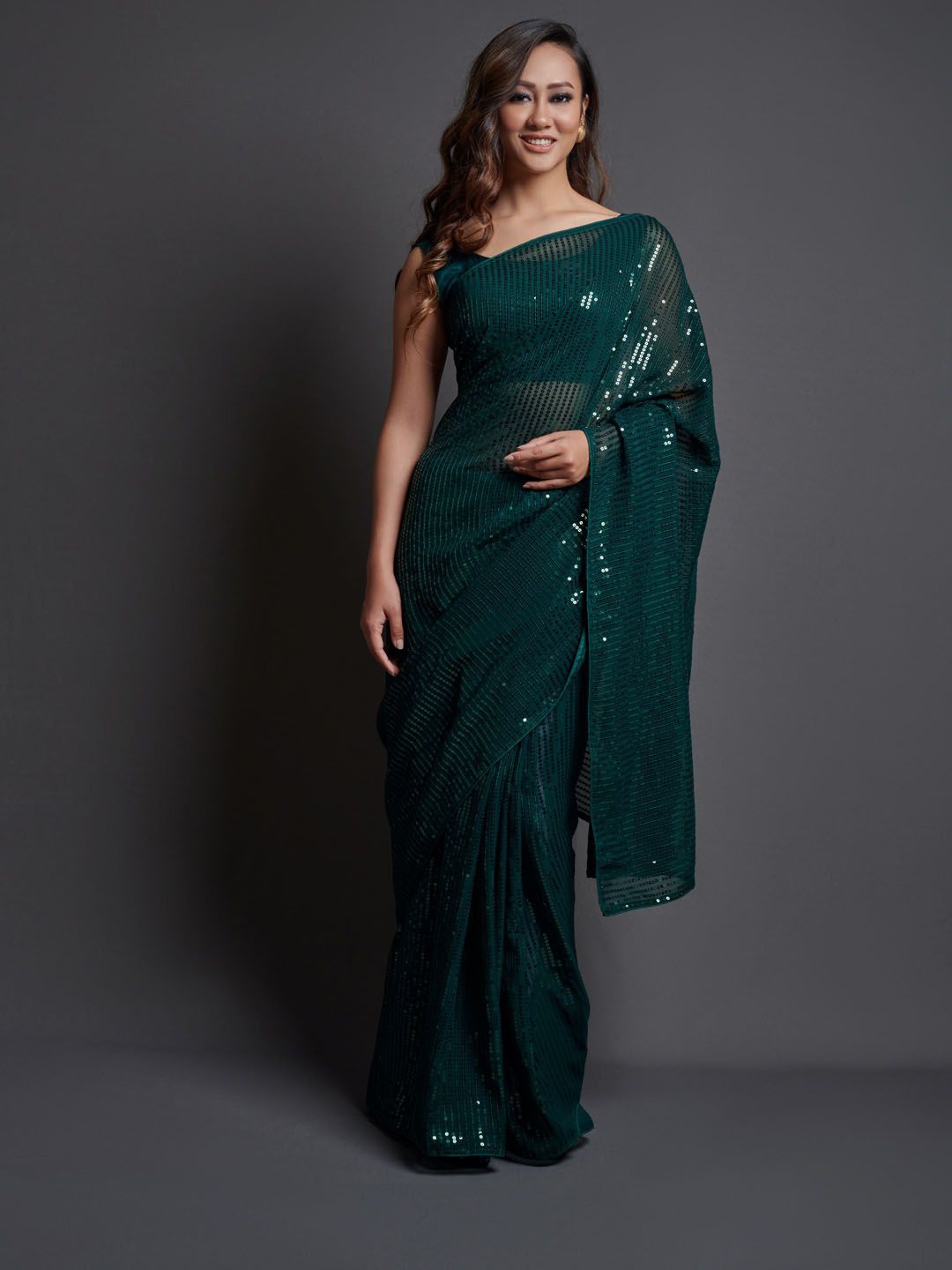 

Krimmple Striped Sequinned Pure Georgette Fusion Saree, Green