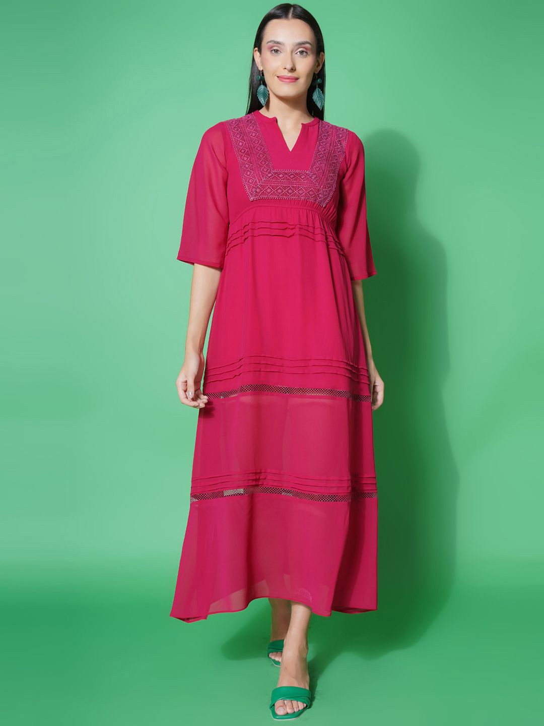 

KATLINE Women A-Line Midi Three-Quarter Sleeves Dress, Fuchsia