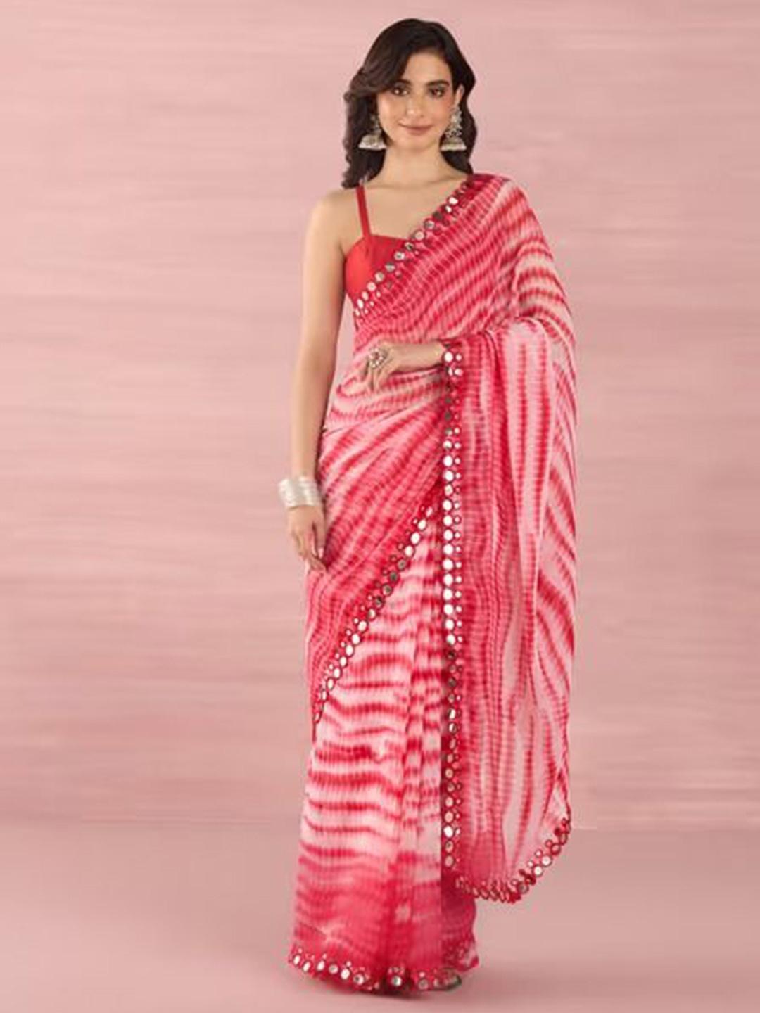 

Krimmple Tie and Dye Mirror Work Pure Georgette Saree, Pink