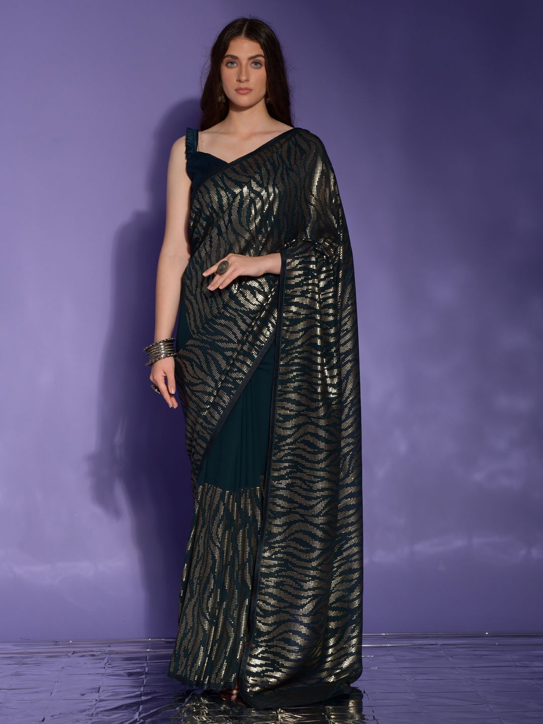 

Krimmple Sequinned Pure Georgette Fusion Saree, Blue