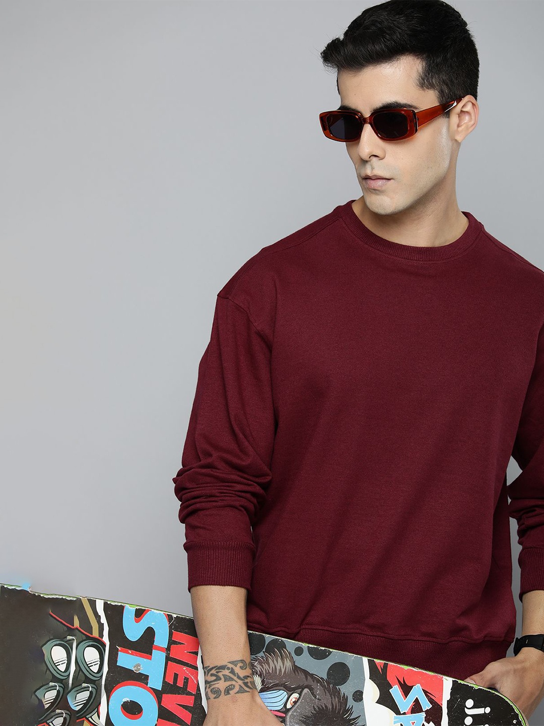 

R.Code by The Roadster Life Co. Men Brand Logo Printed Cotton Pullover Sweatshirt, Burgundy