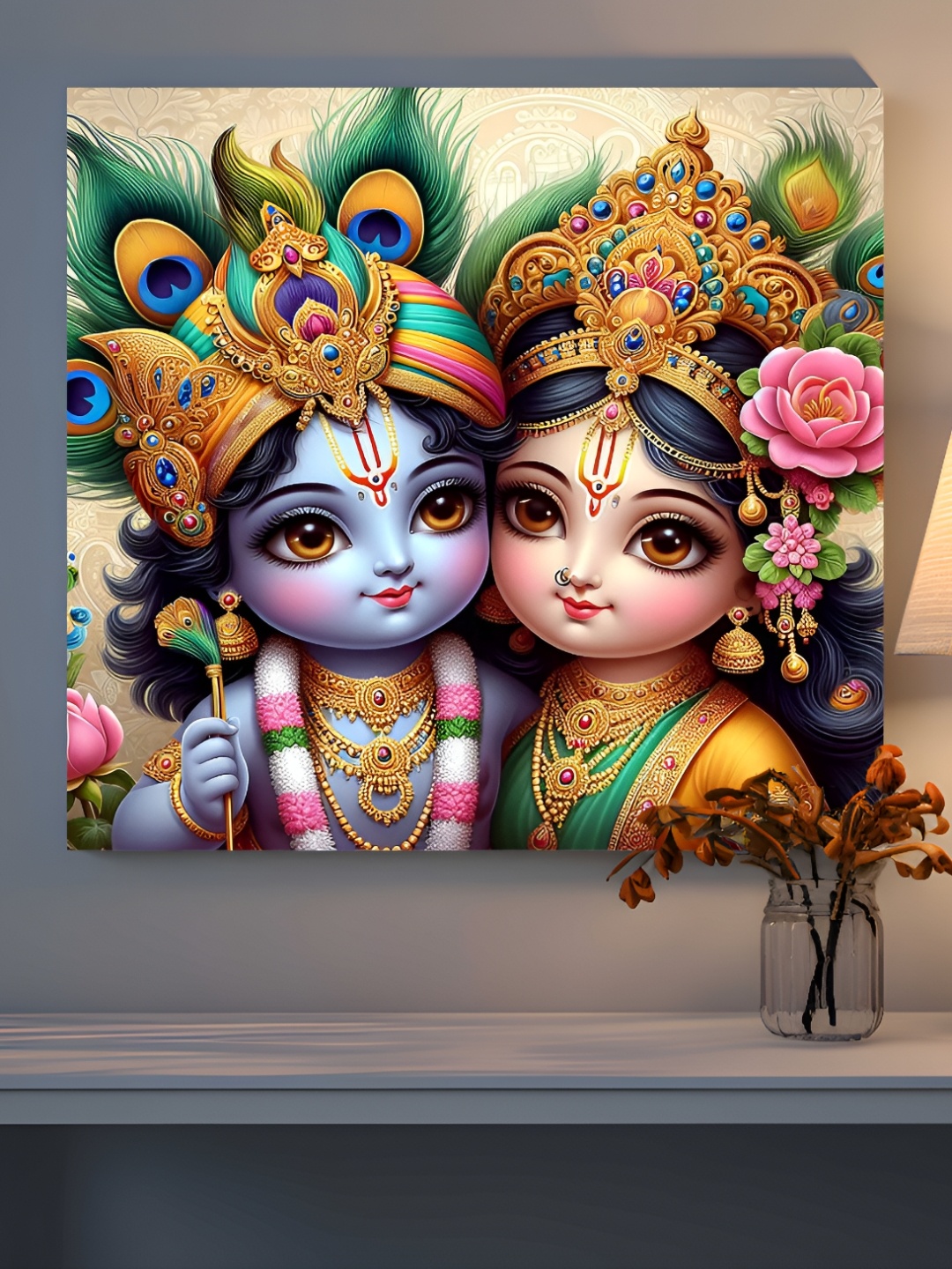 

SAF Blue & Yellow Wooden Radha Krishna Religious Wall Paintings