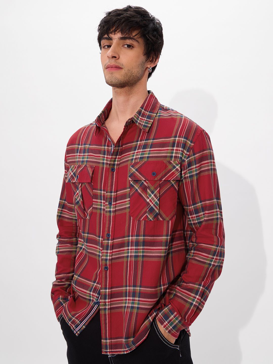 

The Souled Store Men Spread Collar Tartan Checked Cotton Casual Shirt, Red