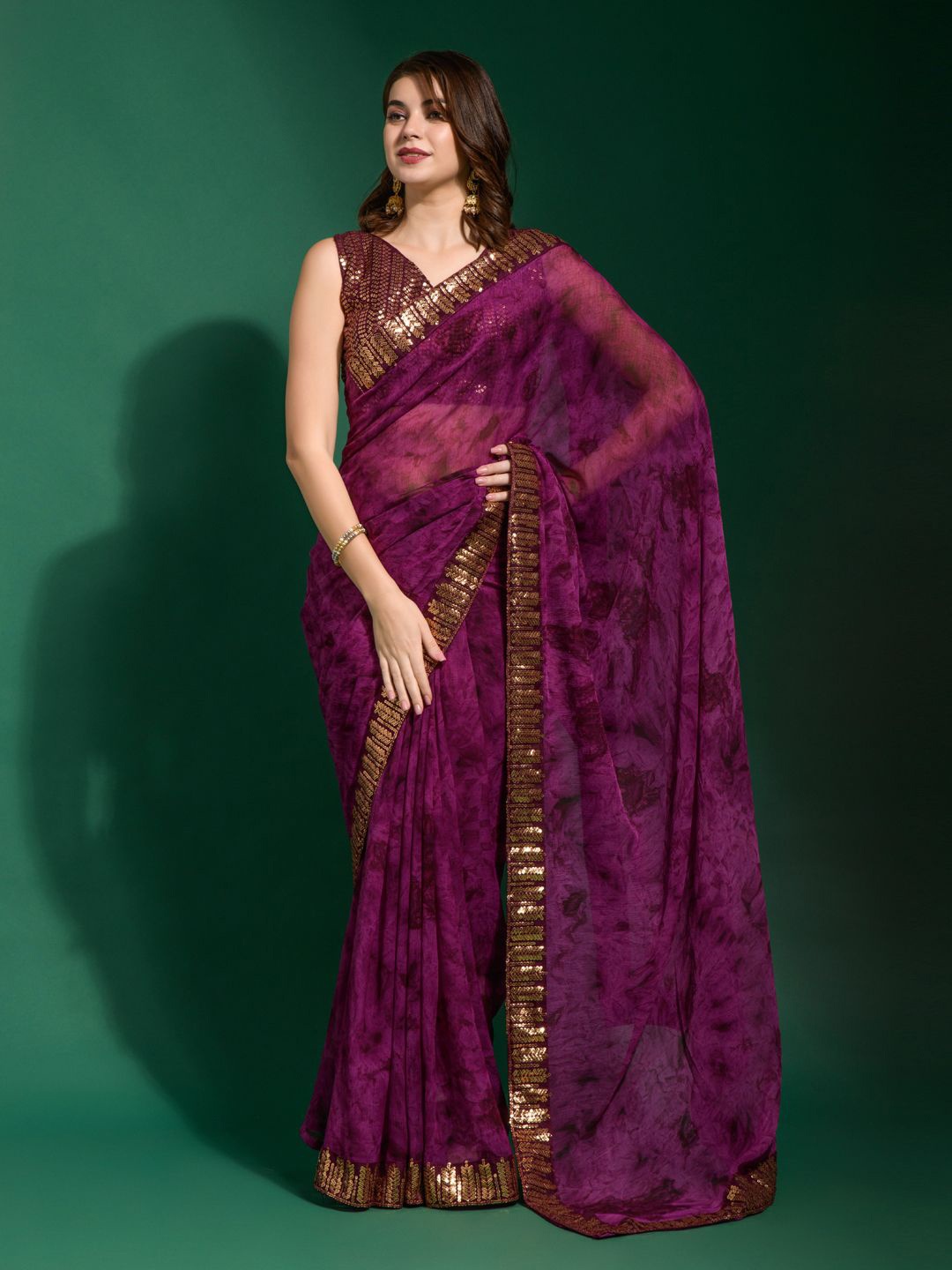 

Krimmple Sequinned Pure Chiffon Saree, Purple