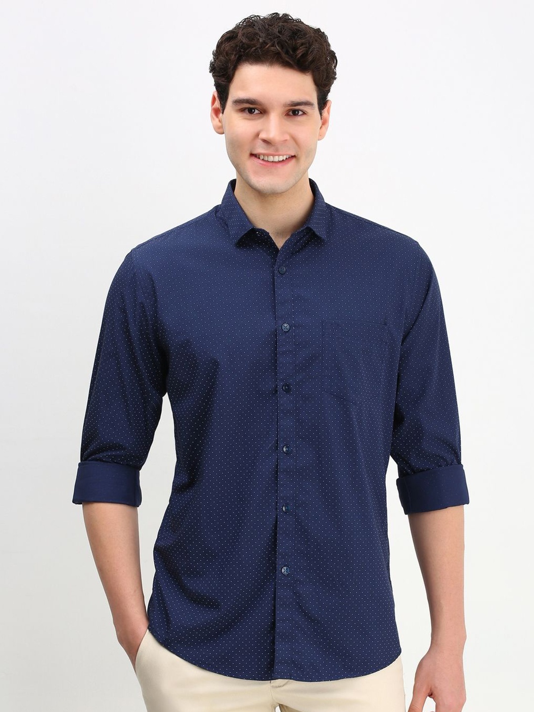 

Allen Solly Men Spread Collar Micro Ditsy Printed Cotton Slim Fit Casual Shirt, Navy blue