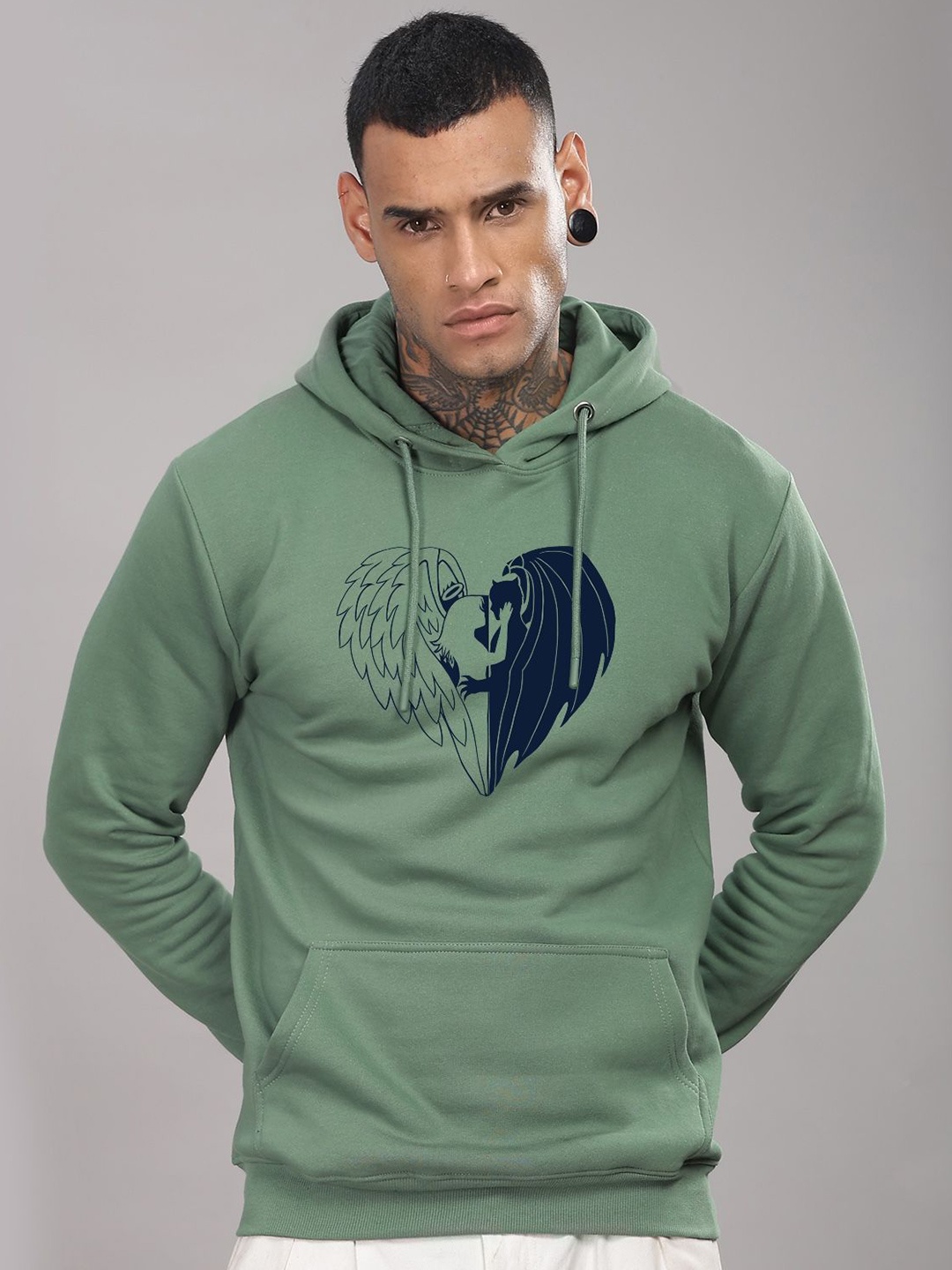 

ADRO Men Cotton Printed Hooded Pullover Casual Sweatshirt, Sea green