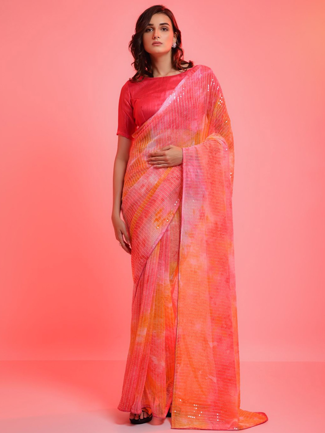 

Krimmple Embellished Sequinned Pure Georgette Saree, Pink