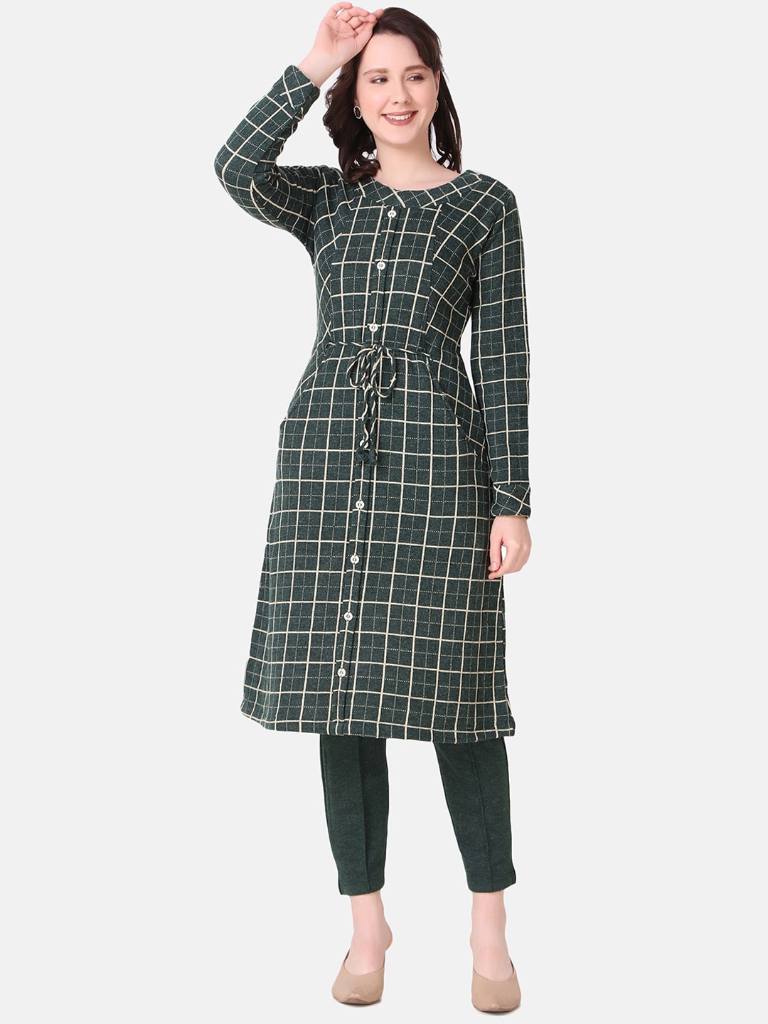 

GFO Checked A-Line Kurta with Trousers, Green