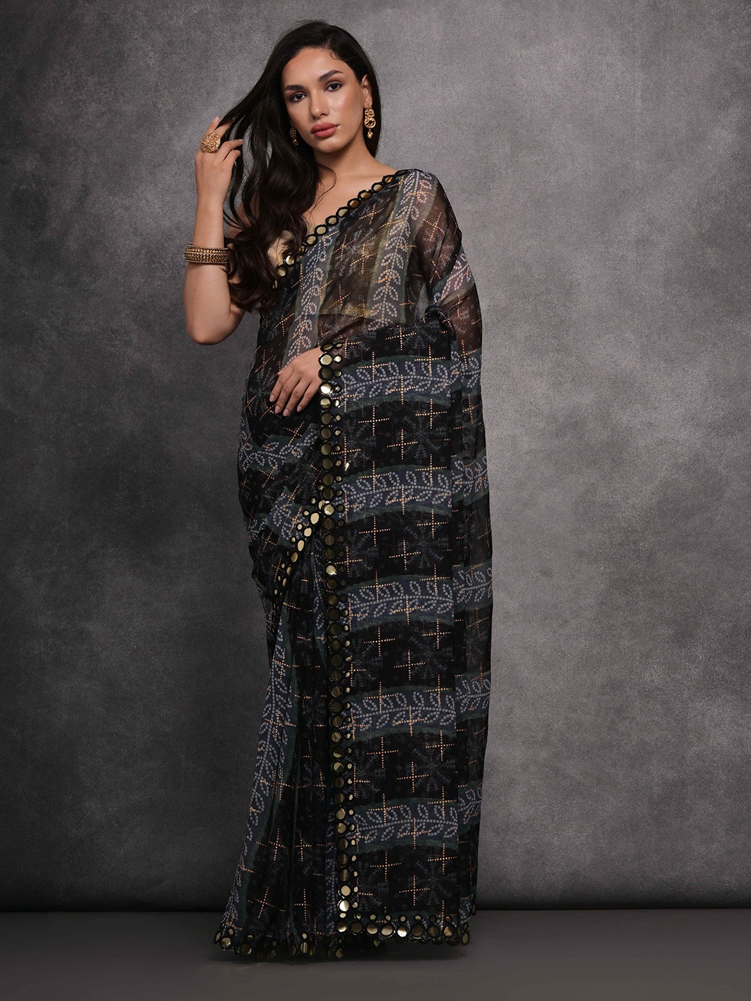 

Krimmple Bandhani Mirror Work Pure Georgette Saree, Black