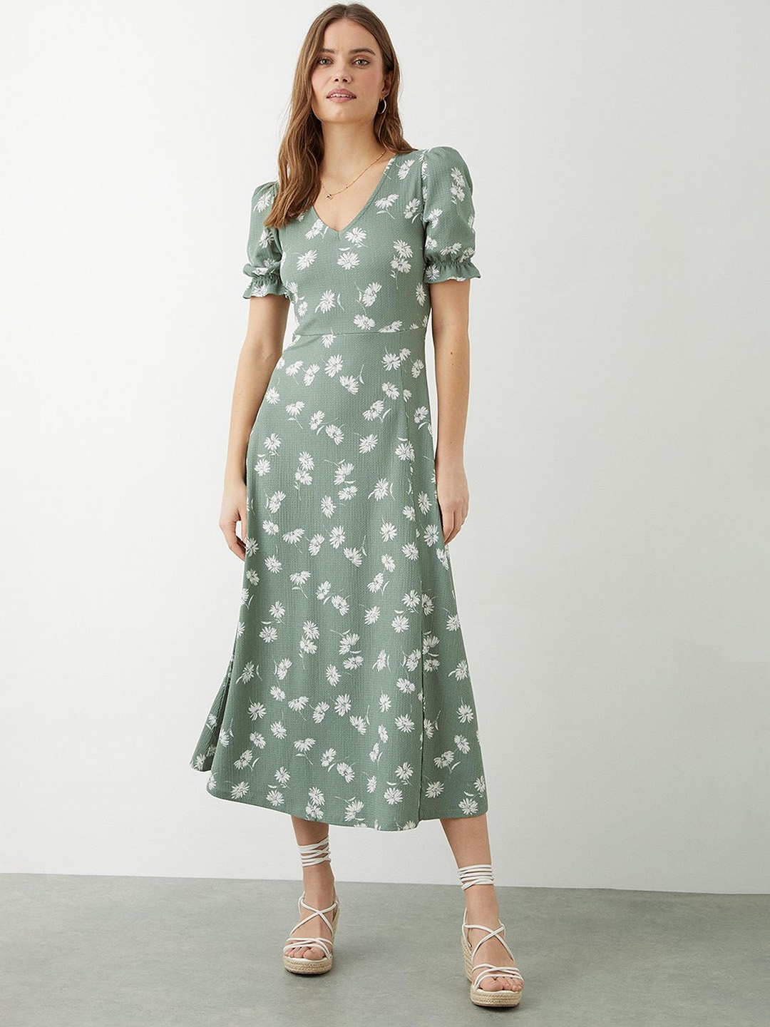 

DOROTHY PERKINS Floral Print Textured A-Line Dress, Green