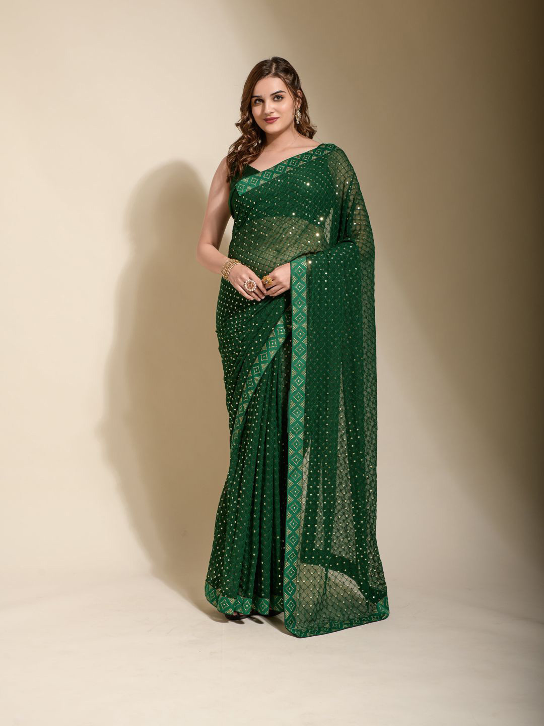 

Krimmple Sequinned Pure Georgette Saree, Green