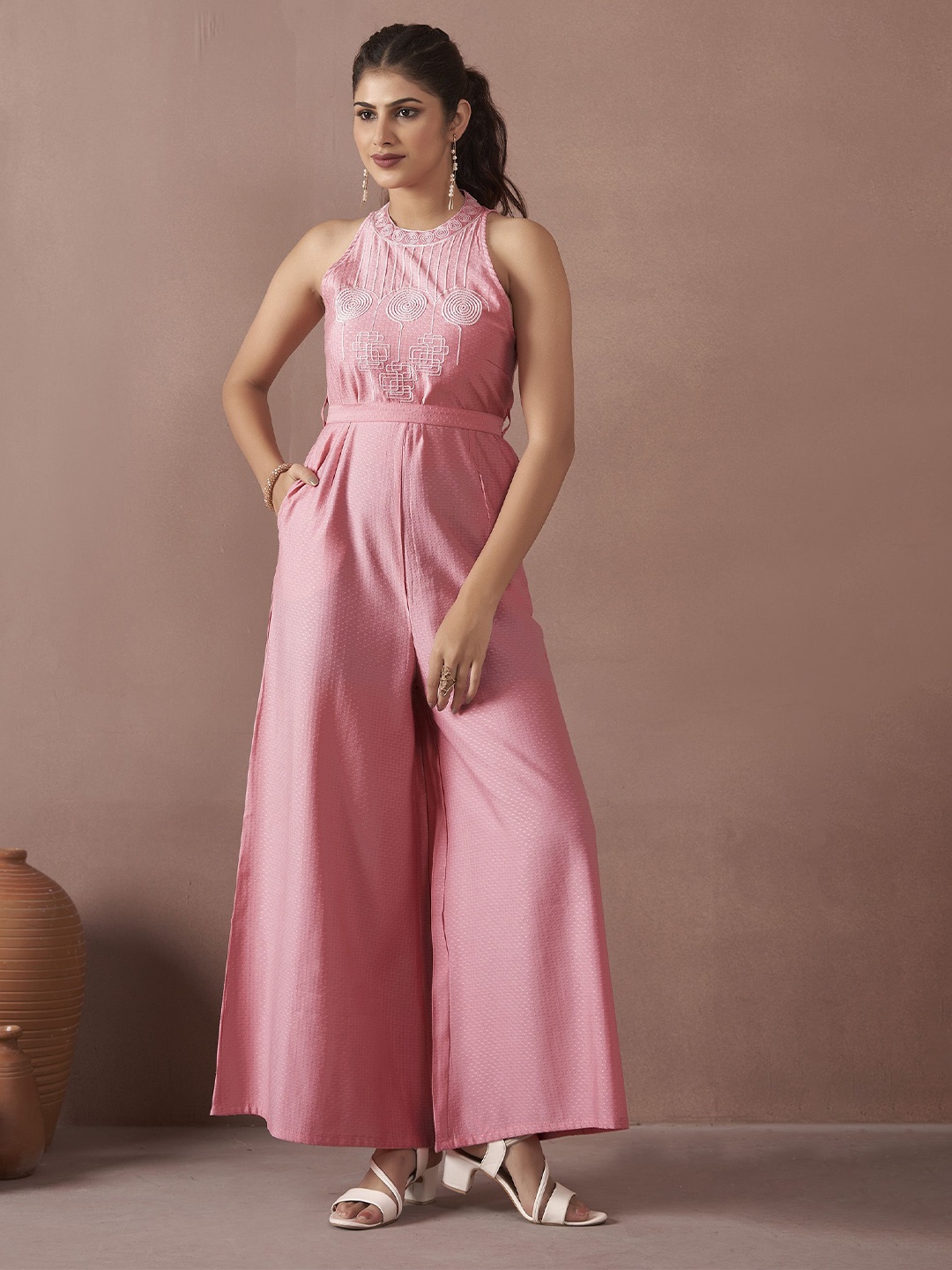 

Anouk Embroidered Waist Tie-Up Jumpsuit, Pink