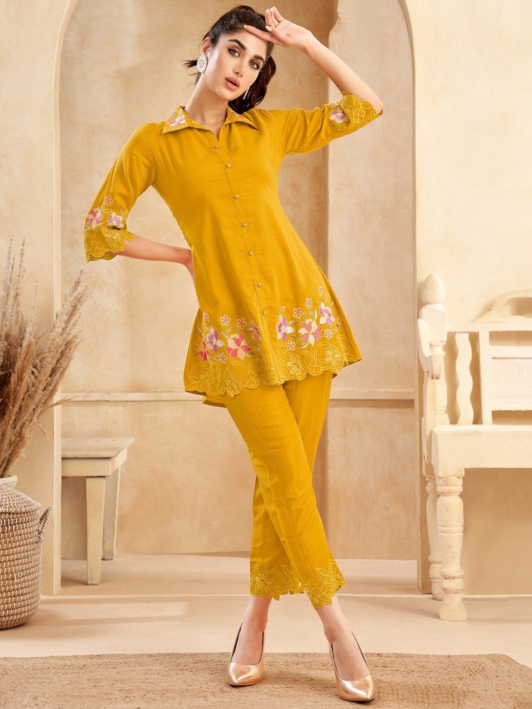 

AUTUMN LANE Asmi Amber Floral Embroidered Tunic With Trousers, Yellow