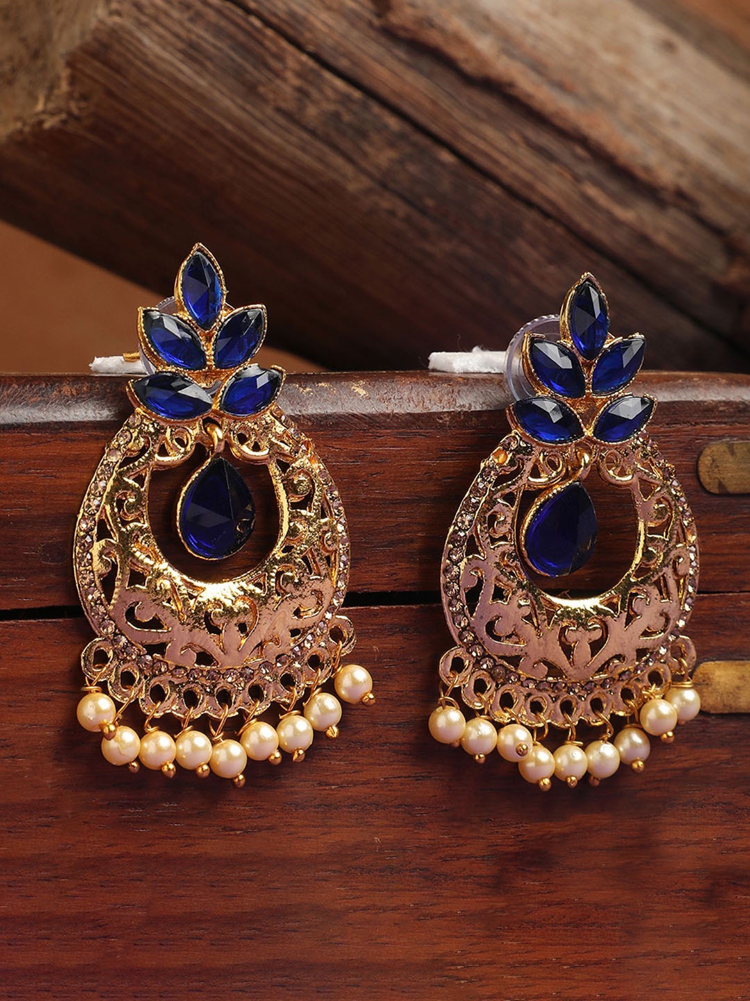 

ANIKAS CREATION Gold-Plated Stone Studded Contemporary Drop Earrings, Blue