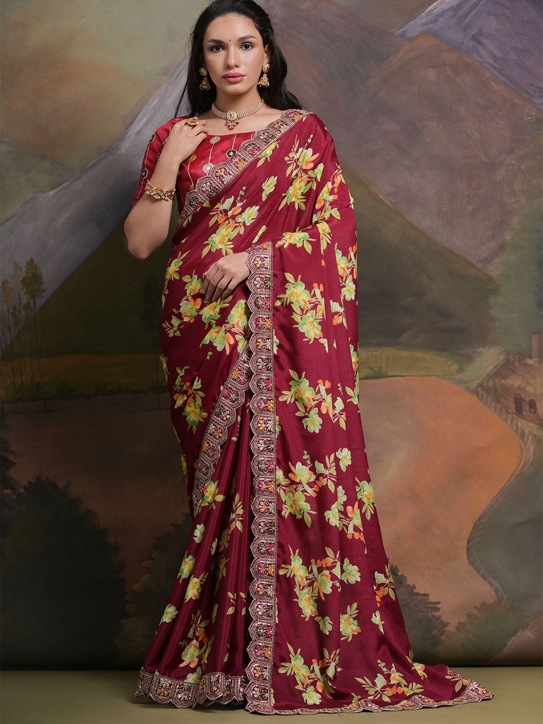 

Krimmple Floral Sequinned Pure Cotton Saree, Purple
